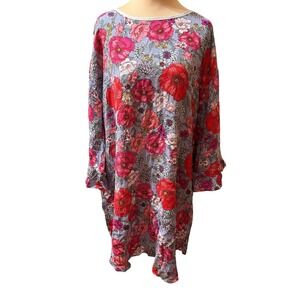 Kensie Blue Red Floral Poppy Shift Women's S Dress Bell Sleeve Back Ties Pockets